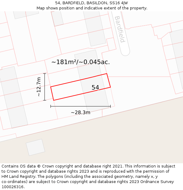 54, BARDFIELD, BASILDON, SS16 4JW: Plot and title map