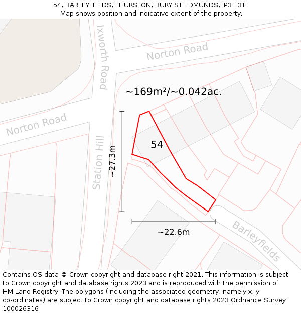 54, BARLEYFIELDS, THURSTON, BURY ST EDMUNDS, IP31 3TF: Plot and title map