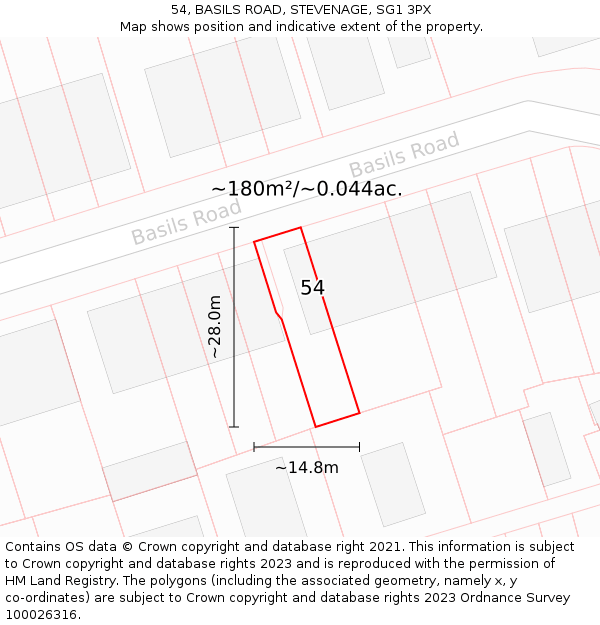 54, BASILS ROAD, STEVENAGE, SG1 3PX: Plot and title map