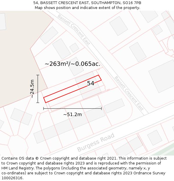 54, BASSETT CRESCENT EAST, SOUTHAMPTON, SO16 7PB: Plot and title map