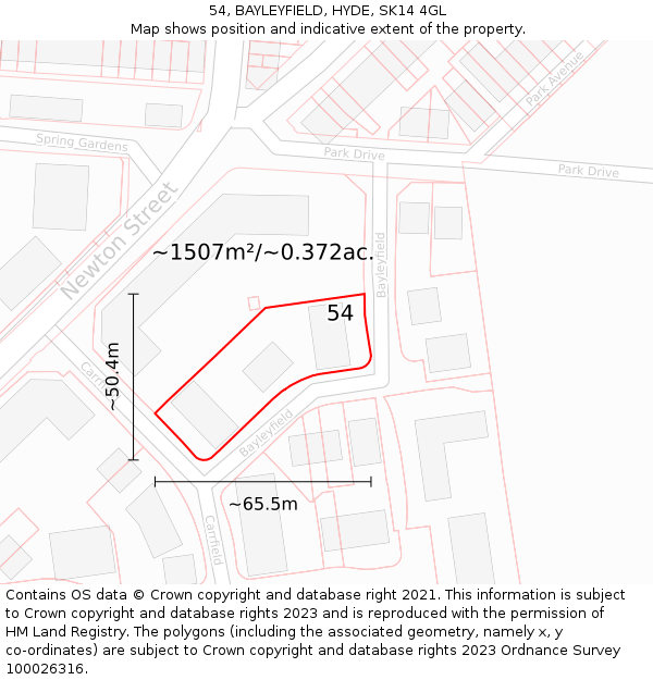 54, BAYLEYFIELD, HYDE, SK14 4GL: Plot and title map