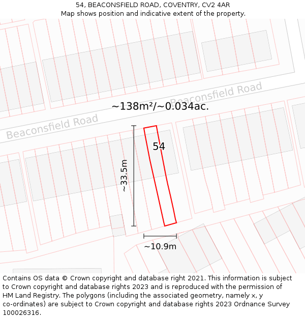 54, BEACONSFIELD ROAD, COVENTRY, CV2 4AR: Plot and title map