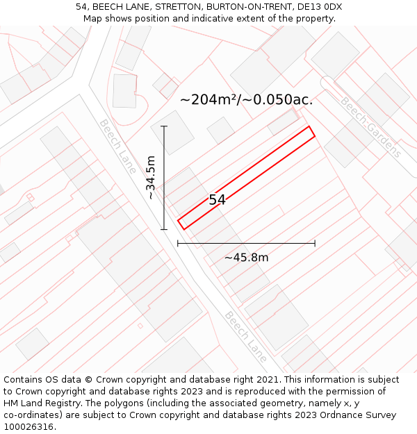 54, BEECH LANE, STRETTON, BURTON-ON-TRENT, DE13 0DX: Plot and title map