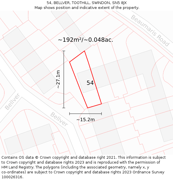 54, BELLVER, TOOTHILL, SWINDON, SN5 8JX: Plot and title map
