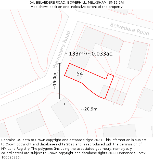 54, BELVEDERE ROAD, BOWERHILL, MELKSHAM, SN12 6AJ: Plot and title map