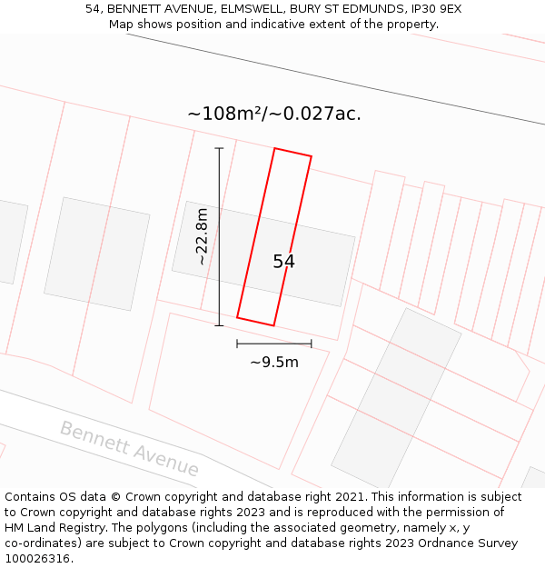 54, BENNETT AVENUE, ELMSWELL, BURY ST EDMUNDS, IP30 9EX: Plot and title map