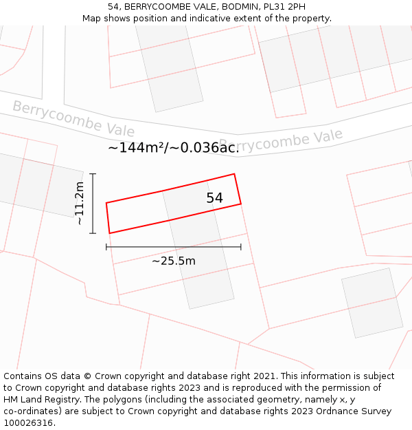54, BERRYCOOMBE VALE, BODMIN, PL31 2PH: Plot and title map
