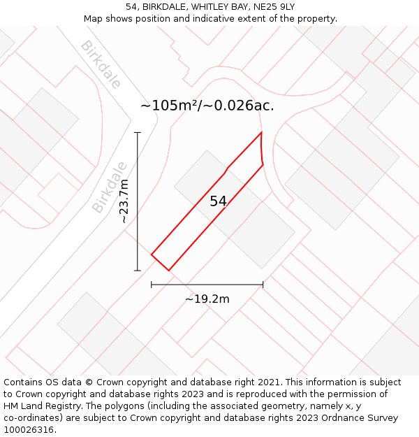 54, BIRKDALE, WHITLEY BAY, NE25 9LY: Plot and title map