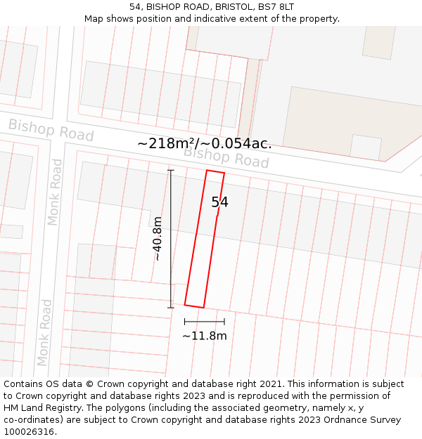 54, BISHOP ROAD, BRISTOL, BS7 8LT: Plot and title map