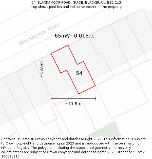 54, BLACKAMOOR ROAD, GUIDE, BLACKBURN, BB1 2LG: Plot and title map