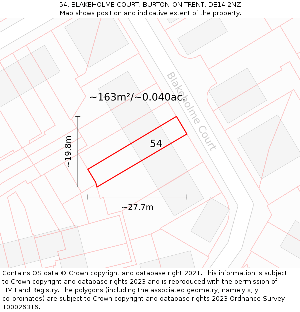 54, BLAKEHOLME COURT, BURTON-ON-TRENT, DE14 2NZ: Plot and title map