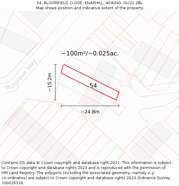 54, BLOOMFIELD CLOSE, KNAPHILL, WOKING, GU21 2BL: Plot and title map
