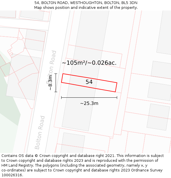 54, BOLTON ROAD, WESTHOUGHTON, BOLTON, BL5 3DN: Plot and title map