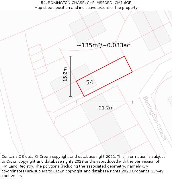 54, BONINGTON CHASE, CHELMSFORD, CM1 6GB: Plot and title map