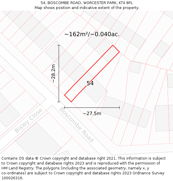 54, BOSCOMBE ROAD, WORCESTER PARK, KT4 8PL: Plot and title map