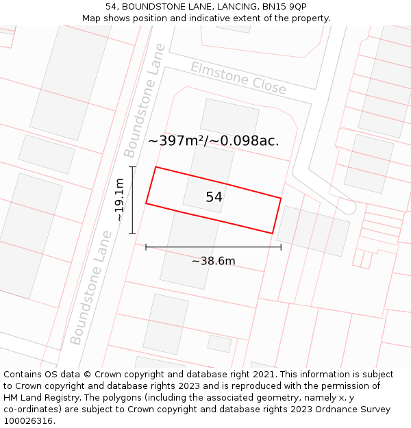 54, BOUNDSTONE LANE, LANCING, BN15 9QP: Plot and title map