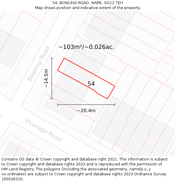 54, BOWLING ROAD, WARE, SG12 7EH: Plot and title map
