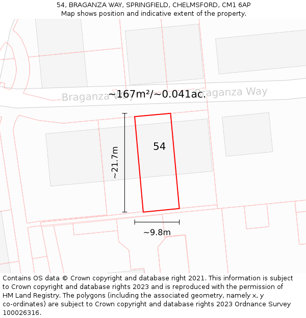 54, BRAGANZA WAY, SPRINGFIELD, CHELMSFORD, CM1 6AP: Plot and title map