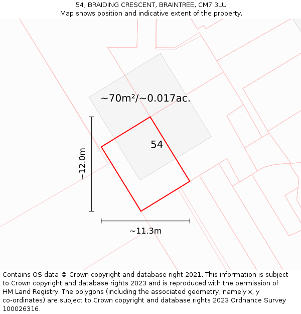 54, BRAIDING CRESCENT, BRAINTREE, CM7 3LU: Plot and title map