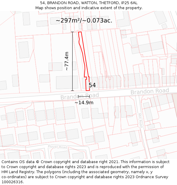 54, BRANDON ROAD, WATTON, THETFORD, IP25 6AL: Plot and title map