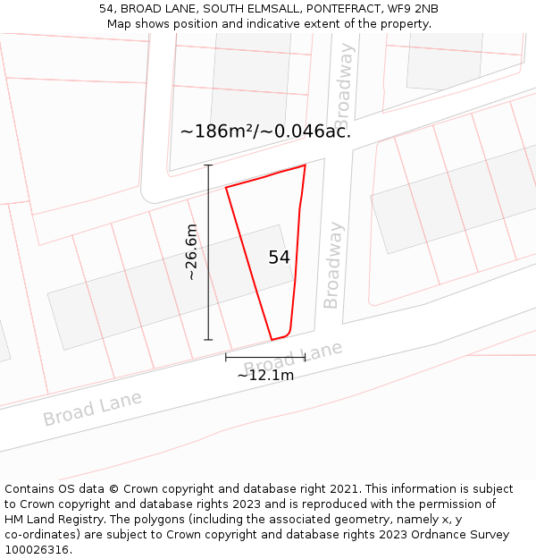 54, BROAD LANE, SOUTH ELMSALL, PONTEFRACT, WF9 2NB: Plot and title map