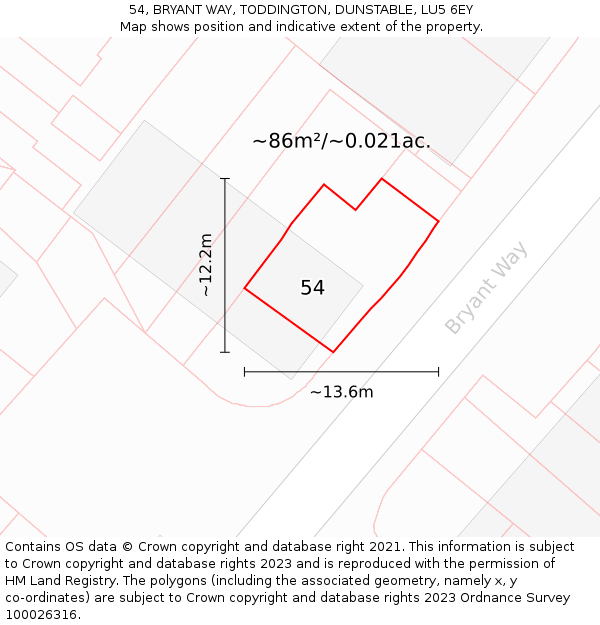 54, BRYANT WAY, TODDINGTON, DUNSTABLE, LU5 6EY: Plot and title map
