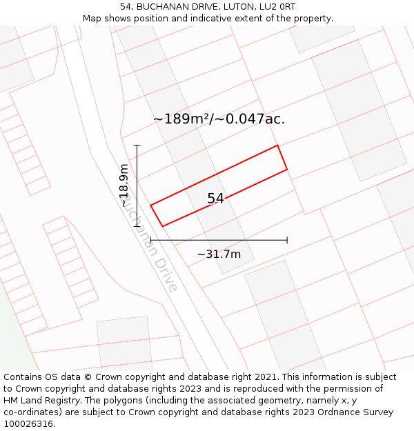 54, BUCHANAN DRIVE, LUTON, LU2 0RT: Plot and title map