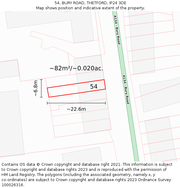 54, BURY ROAD, THETFORD, IP24 3DE: Plot and title map