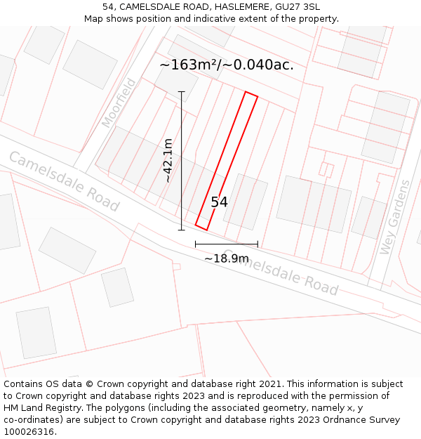 54, CAMELSDALE ROAD, HASLEMERE, GU27 3SL: Plot and title map