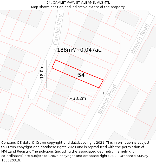 54, CAMLET WAY, ST ALBANS, AL3 4TL: Plot and title map