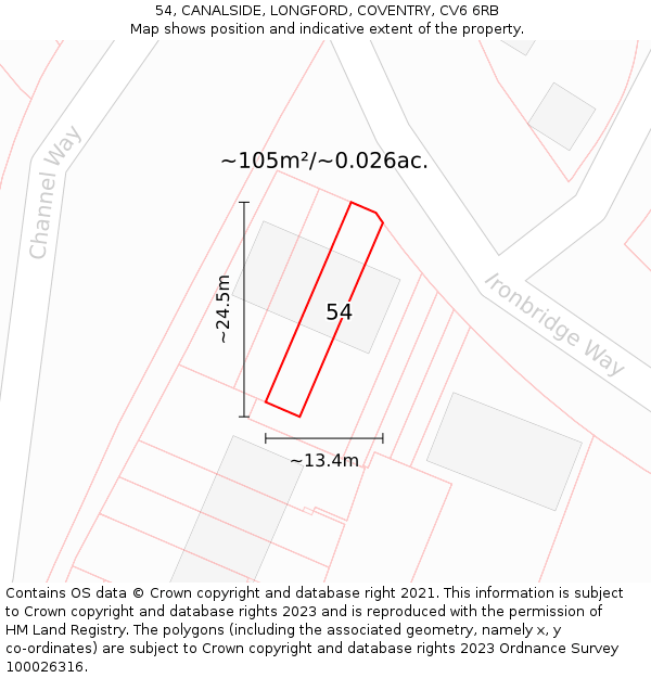 54, CANALSIDE, LONGFORD, COVENTRY, CV6 6RB: Plot and title map