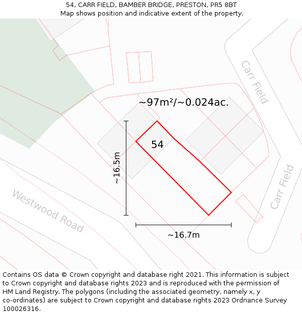 54, CARR FIELD, BAMBER BRIDGE, PRESTON, PR5 8BT: Plot and title map