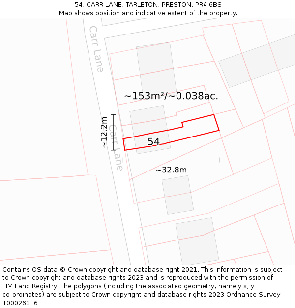 54, CARR LANE, TARLETON, PRESTON, PR4 6BS: Plot and title map