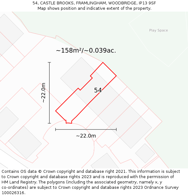 54, CASTLE BROOKS, FRAMLINGHAM, WOODBRIDGE, IP13 9SF: Plot and title map