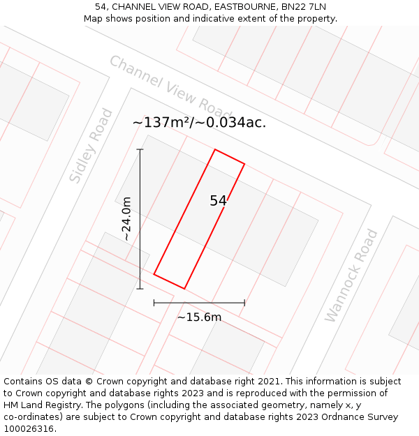 54, CHANNEL VIEW ROAD, EASTBOURNE, BN22 7LN: Plot and title map