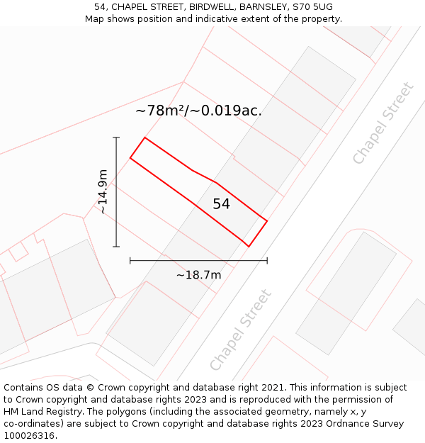54, CHAPEL STREET, BIRDWELL, BARNSLEY, S70 5UG: Plot and title map