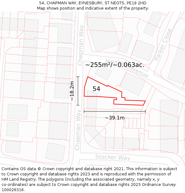 54, CHAPMAN WAY, EYNESBURY, ST NEOTS, PE19 2HD: Plot and title map