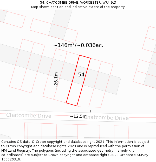54, CHATCOMBE DRIVE, WORCESTER, WR4 9LT: Plot and title map