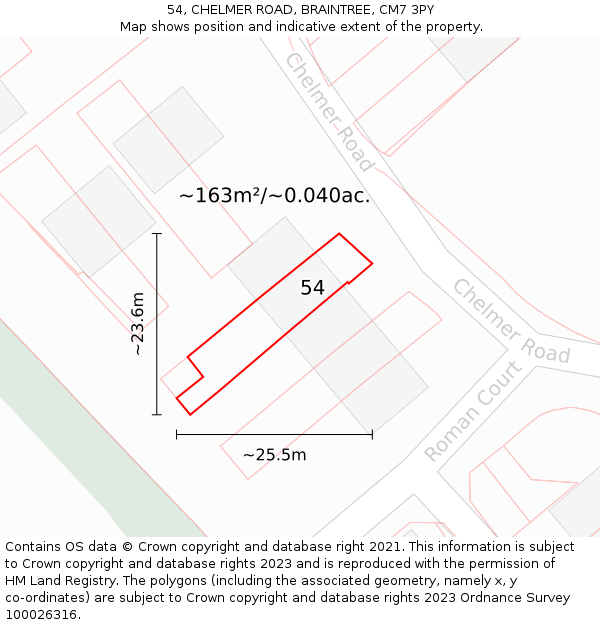 54, CHELMER ROAD, BRAINTREE, CM7 3PY: Plot and title map