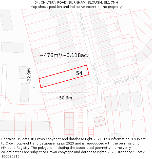 54, CHILTERN ROAD, BURNHAM, SLOUGH, SL1 7NH: Plot and title map
