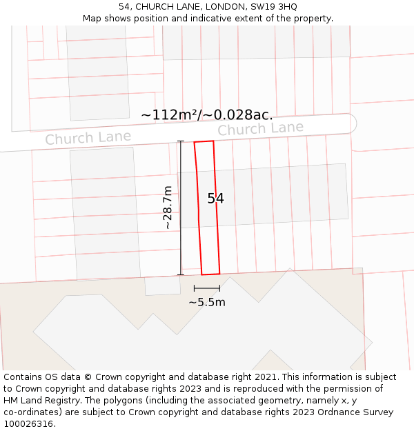 54, CHURCH LANE, LONDON, SW19 3HQ: Plot and title map
