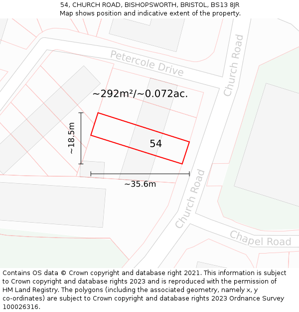 54, CHURCH ROAD, BISHOPSWORTH, BRISTOL, BS13 8JR: Plot and title map