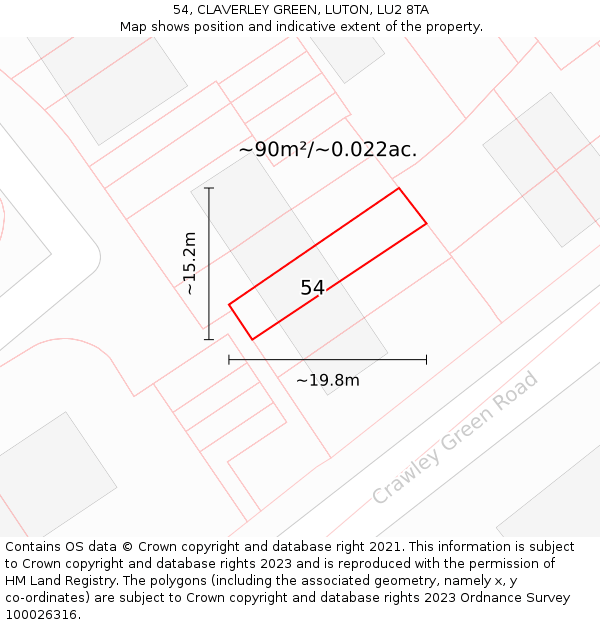 54, CLAVERLEY GREEN, LUTON, LU2 8TA: Plot and title map