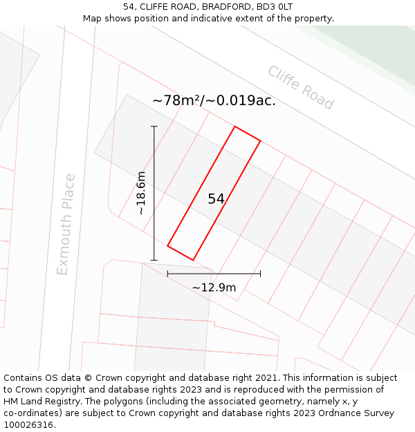 54, CLIFFE ROAD, BRADFORD, BD3 0LT: Plot and title map