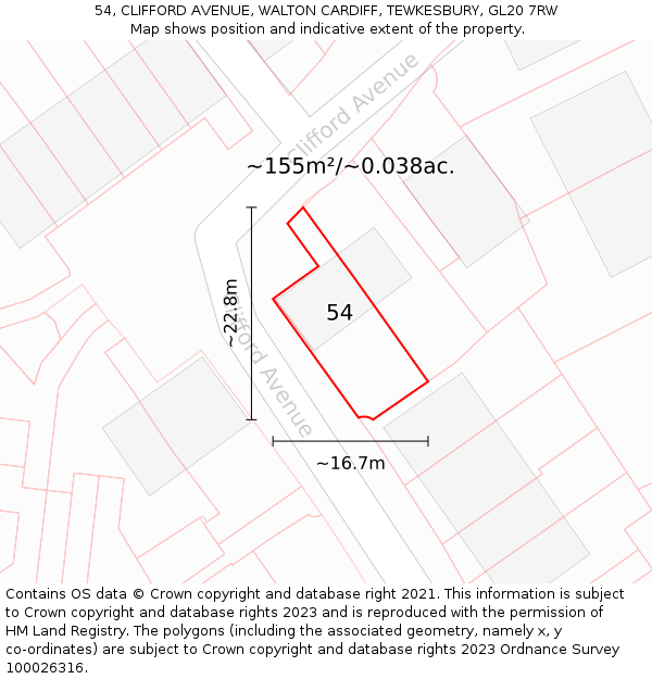 54, CLIFFORD AVENUE, WALTON CARDIFF, TEWKESBURY, GL20 7RW: Plot and title map