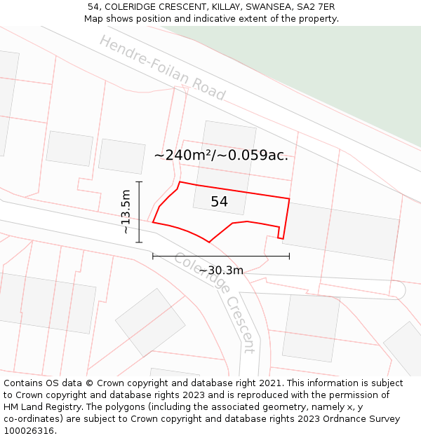 54, COLERIDGE CRESCENT, KILLAY, SWANSEA, SA2 7ER: Plot and title map
