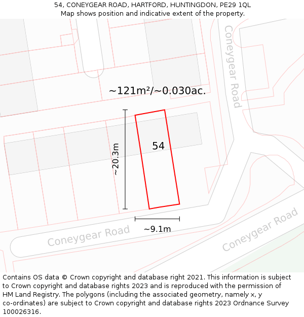 54, CONEYGEAR ROAD, HARTFORD, HUNTINGDON, PE29 1QL: Plot and title map