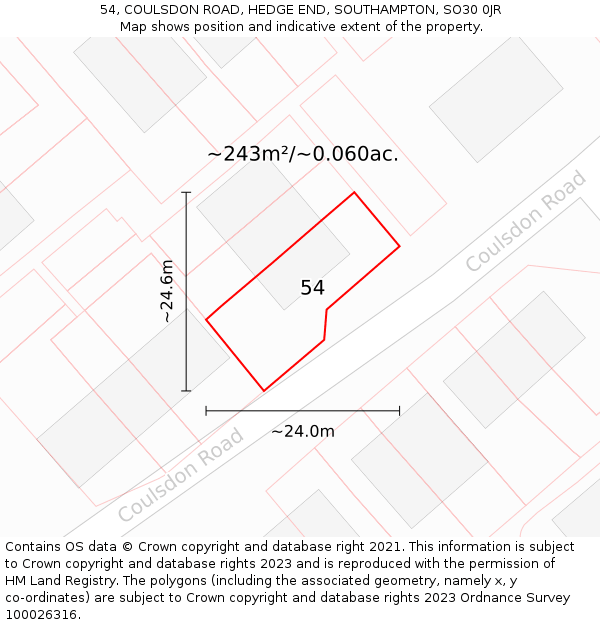 54, COULSDON ROAD, HEDGE END, SOUTHAMPTON, SO30 0JR: Plot and title map