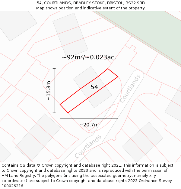 54, COURTLANDS, BRADLEY STOKE, BRISTOL, BS32 9BB: Plot and title map