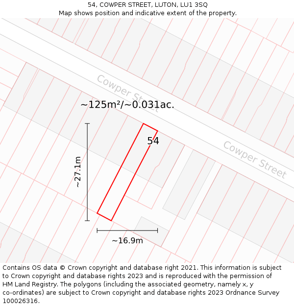 54, COWPER STREET, LUTON, LU1 3SQ: Plot and title map